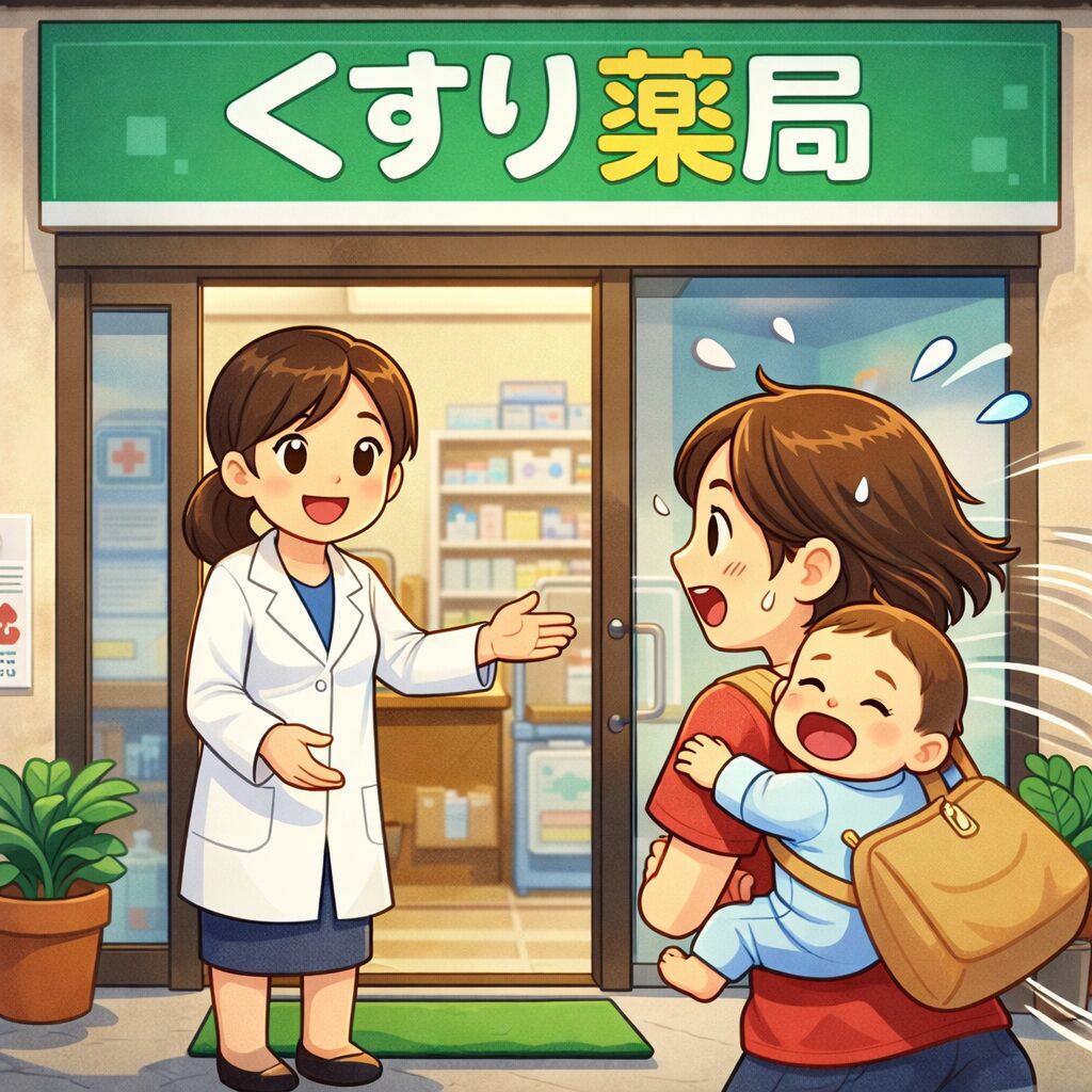 親切な薬剤師と慌てる母親